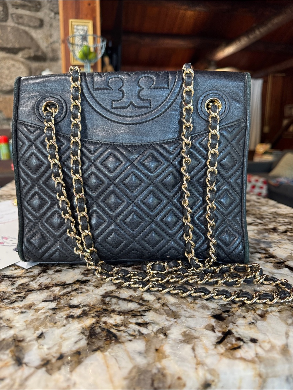 Tory Burch Black Quilted Leather Shoulder Bag with Gold Chain